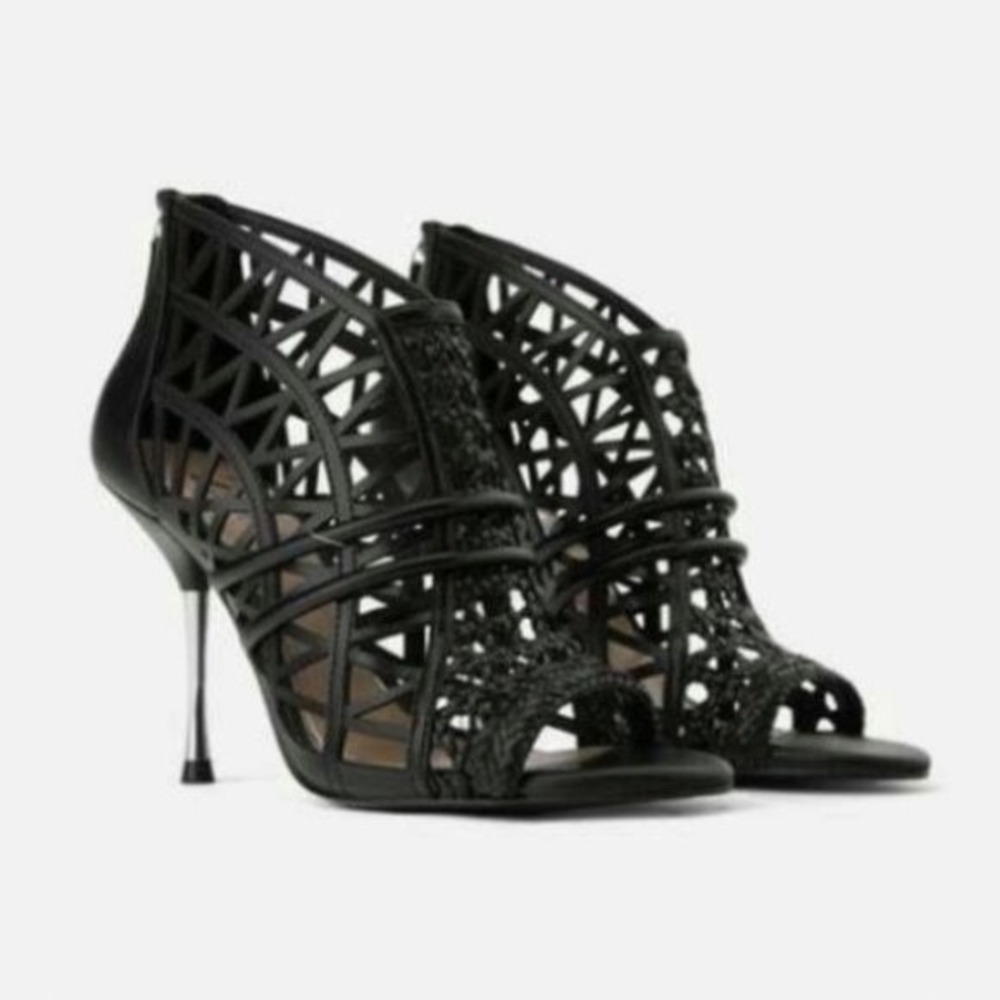 Zara Black Cage Laser Cut Stiletto Heels Open Toe Woven Sandals NWT Size 8